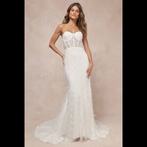 NWT LULUS Ravishing Romance White Embroidered Feather Bustier Maxi Dress